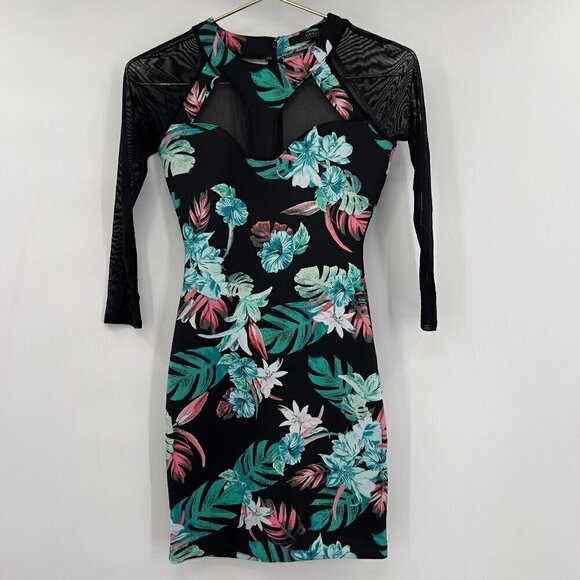 Guess Los Angeles Women's Black Tropical Palm Leaf Bodycon Mini Dress XS - Picture 2 of 9